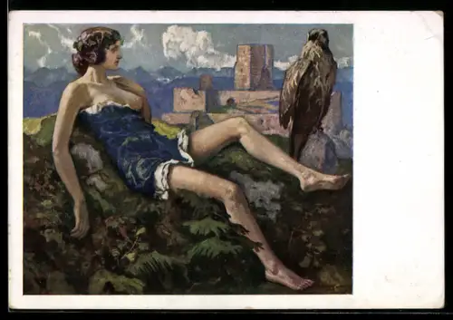 Künstler-AK Ernst Liebermann: Auf einsamer Höhe, Mädchen mit entblösster Brust und Greifvogel