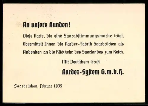 AK Saarbrücken, Karte anlässlich der Wiedereingliederung des Saarlandes, Kardex-System GmbH
