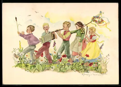 Künstler-AK Schwarz-Torino: Kinder ziehen musizierend mit Akkordeon und Schalmei über die Blumenwiese, Maikranz