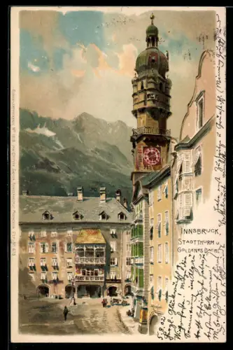 Lithographie Innsbruck, Stadtturm und Gasthaus Goldenes Dachl