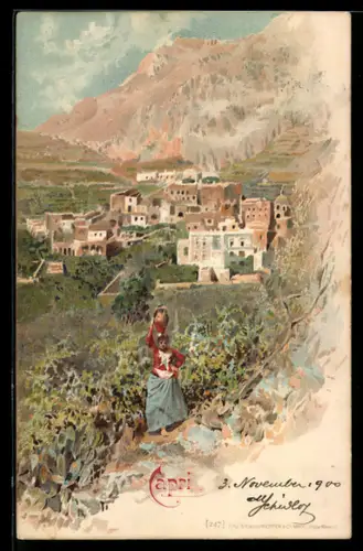 Lithographie Capri, Ortsansicht mit Einheimischer Frau