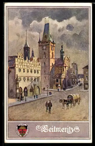 AK Deutscher Schulverein NR 221: Leitmeritz, Ortspartie mit Litfasssäule