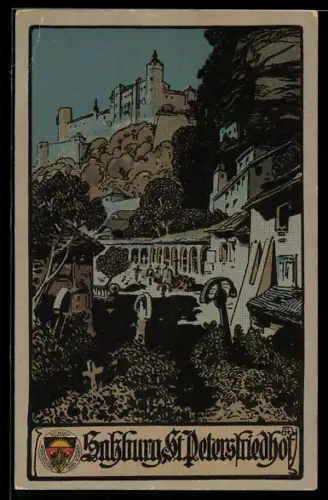 Künstler-AK Deutscher Schulverein Nr. 312: Salzburg, Blick vom St. Peters Friedhof auf Hohensalzburg