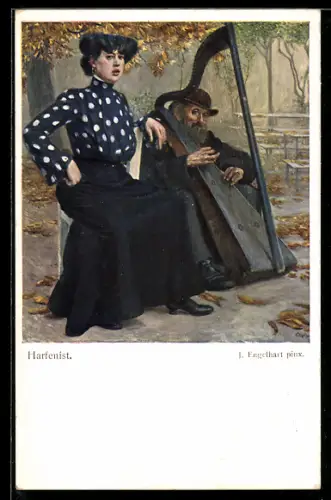 AK Alter Mann mit Harfe und Dame im Kleid