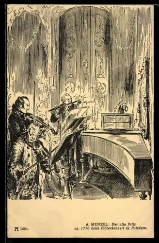 AK König Friedrich II. (der Grosse), der alte Fritz ca. 1770 beim Flötenkonert in Potsdam, A. Menzel