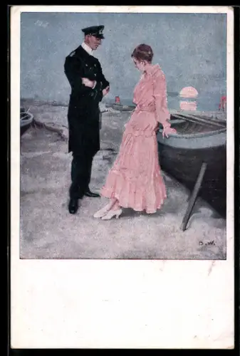 Künstler-AK Brynolf Wennerberg: Soldat mit seiner Geliebten bei Sonnenuntergang am Strand