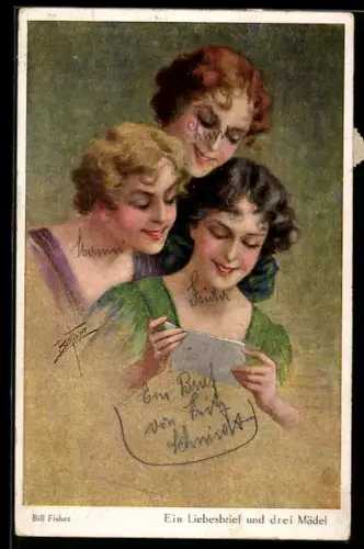 Künstler-AK Bill Fisher: Drei Mädels lesen einen Liebesbrief
