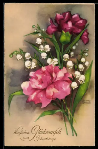 Künstler-AK Hannes Petersen: Blumenstrauss mit Maiglöckchen