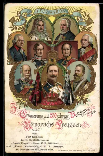 Lithographie Zum 200jährigen Bestehen des Königreichs Preussen, Friedrich Wilhelm III. von Preussen, 1701-1901