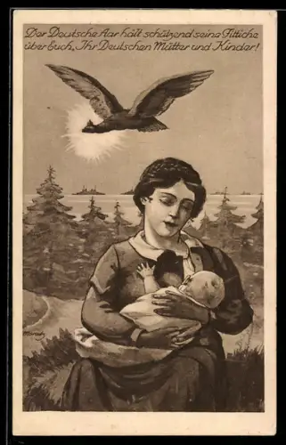 Künstler-AK Deutscher Aar beschützt deutsche Mutter und Kind
