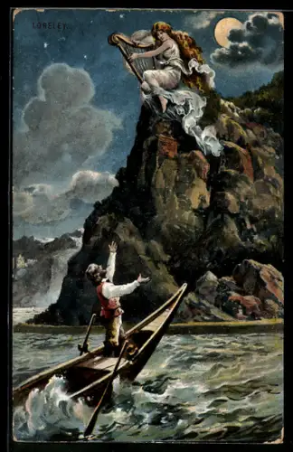 AK Die Loreley spielt Harfe auf dem Felsen, Fischer im Boot betet sie an