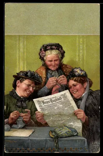 Künstler-AK Fritz Reiss: Drei ältere Damen lesen gemeinsam das Neue Tagblatt, Zeitung