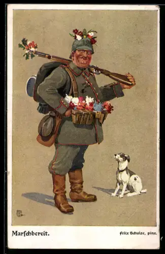 Künstler-AK Felix Schulze: Marschbereit, Soldat mit Blumen im Gewehr und Hund