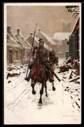 Künstler-AK Kavalleristen in Uniform reitet durch einen winterlichen Ort