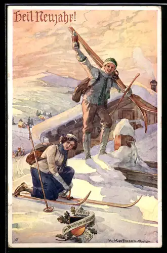 Künstler-AK Hans Kaufmann: Junges Paar nach dem Skifahren