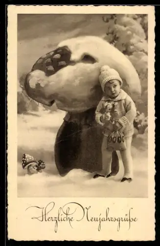 AK Junge mit Geldsack an einem Fliegenpilz im Schnee, Neujahrsgruss