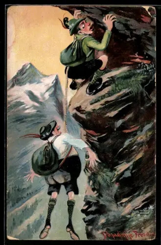 Künstler-AK Ermenegildo Carlo Donadini: Bergsteiger und abgestürzter Kompagnon am Seil