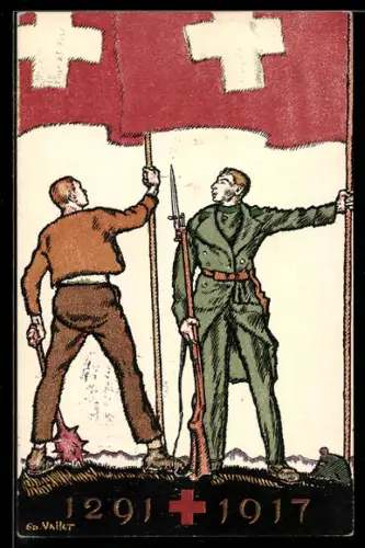 Ganzsache-AK Schweizer Bundesfeier 1917, Rotes Kreuz, Krieger 1291 und 1917 mit Waffe, Schweizer Fahne