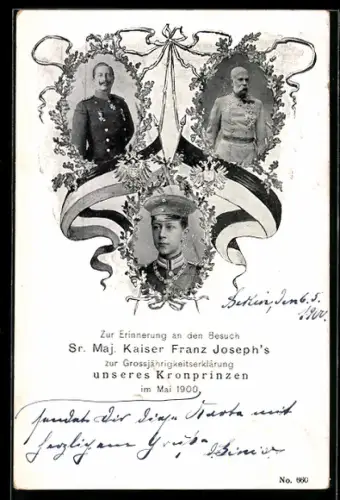 AK Zweibund, Besuch des Kaisers Franz Josef I. von Österreich zur Grossjährigkeit des Kronprinzen im Mai 1900