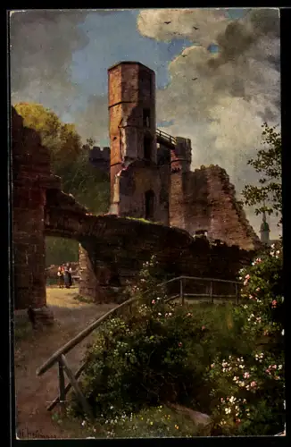 Lithographie Dilsberg, Burgruine Dilsberg, Turm und Mauerrest
