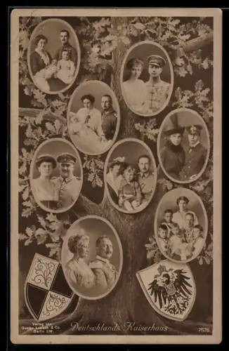AK Deutschlands Kaiserhaus, Porträtfotos der Mitglieder an einer deutschen Eiche, Wappen