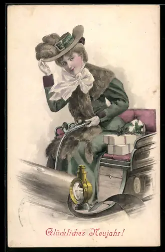 AK Elegante Dame am Steuer eines Automobils