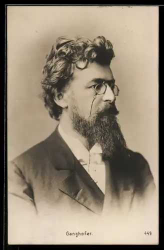AK Portrait Ganghofer mit Vollbart u. Zwicker im Anzug