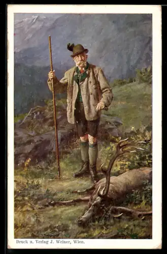 Künstler-AK Kaiser Franz Josef I. von Österreich als Jäger neben dem erlegtem Hirsch