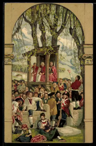 Künstler-AK Schweizer Bundesfeier 1918, Für unsere Soldaten, Predigt unter freiem Himmel