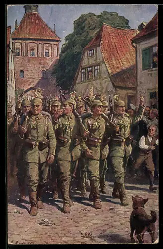 Künstler-AK Ausmarsch von Soldaten, Bürger des Ortes bejubeln die ausmarschierenden Soldaten