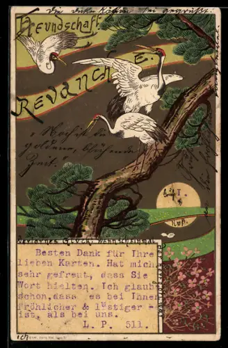 AK Kraniche auf einem Baum, Jugendstil