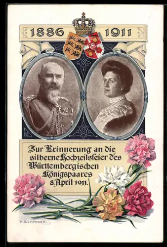 AK Silberne Hochzeit des Württembergischen Königspaares, 8. April 1911, Bunte Nelken, Wappen, Krone