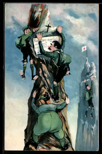 Künstler-AK Hier kann abgestürzt werden!!, Bergsteigen