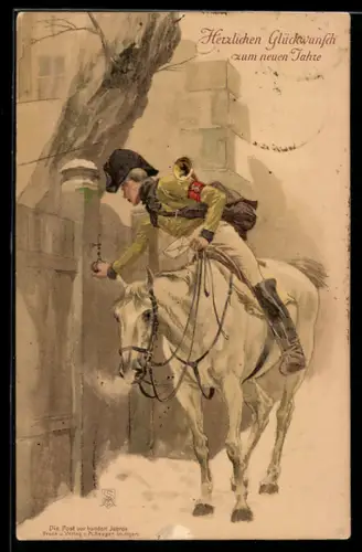 AK Briefträger hoch zu Pferde klingelt an der Tür