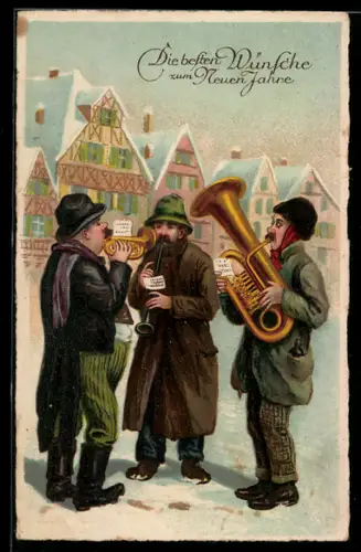 AK Glückwünsche zum neuen Jahre, Strassenmusikanten mit Tuba