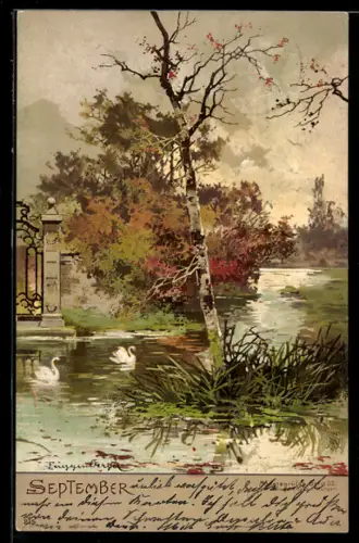 Künstler-Lithographie Theodor Guggenberger: Allegorie Monat September, Schwäne auf einem Fluss