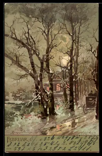 Künstler-Lithographie Theodor Guggenberger: Allegorie Monat Februar, Schloss, Pferdekutsche