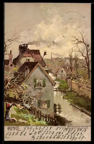 Künstler-Lithographie Theodor Guggenberger: Allegorie Monat April, Häuser am Flussufer