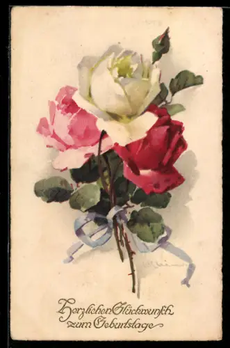 Künstler-AK Catharina Klein: farbenfroher Rosenstrauss mit Schleifenband