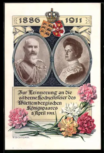 AK Silberne Hochzeit des Württembergischen Königspaares, 8. April 1911, Bunte Nelken, Wappen, Krone