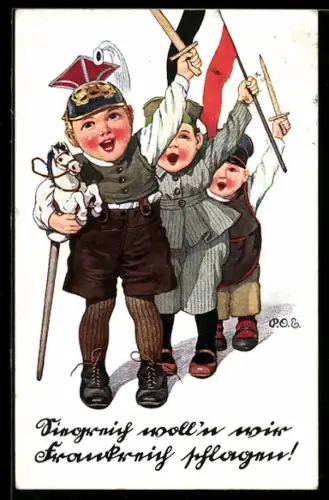 Künstler-AK P. O. Engelhard (P.O.E.): Kinder ziehen in den Krieg gegen Frankreich mit Holzschwertern und Reichsflagge