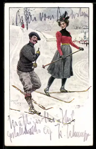Künstler-AK Ernst Platz: Paar auf Skiern bei rasanter Abfahrt