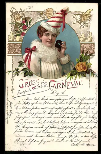 AK Karnevals-Gruss, Kostümierte Frau