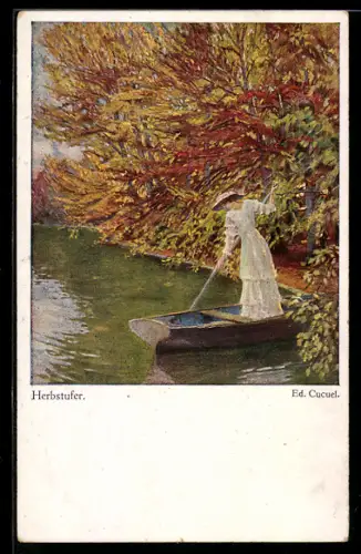 Künstler-AK Edward Cucuel: Herbstufer, Dame im weissen Kleid fährt über den See