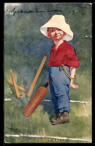 Künstler-AK Out first ball, Knabe mit Cricket-Schläger