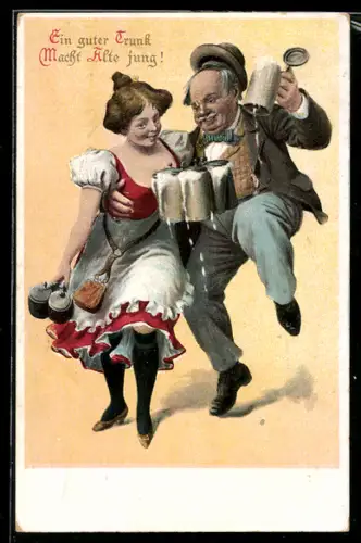 Künstler-AK Ein guter Trunk macht Alte jung! Frau in Tracht begleitet einen Mann, Trinkerhumor
