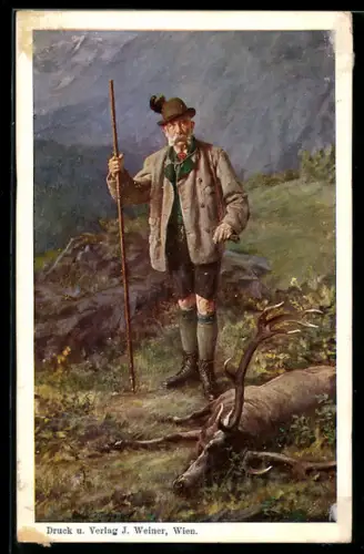 Künstler-AK Kaiser Franz Josef I. von Österreich als Jäger neben dem erlegtem Hirsch