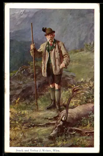 Künstler-AK Kaiser Franz Josef I. von Österreich als Jäger neben dem erlegtem Hirsch