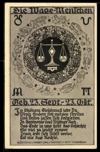 AK Sternzeichen Waage in Weinranke von Tierkreiszeichen umrahmt