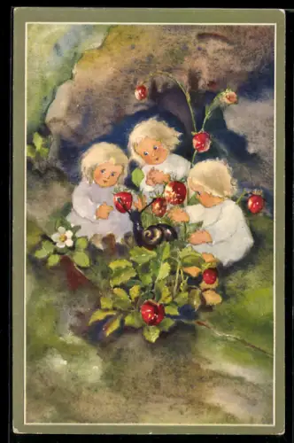 Künstler-AK Milli Weber: Drei kleine Kinder und eine Schnecke